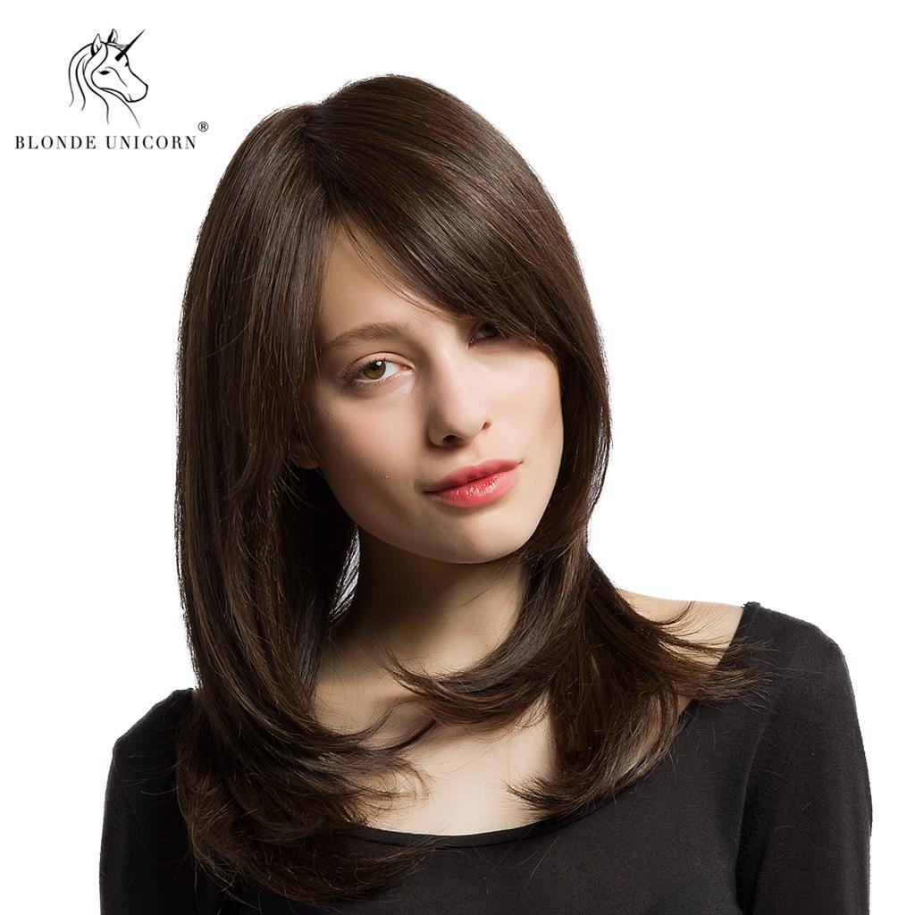 BLONDE UNICORN 20-дюймовые средние темно-коричневые прямые синтетические парики с челкой для белых и черных женщин, косплей, ежедневный парик из натуральных волос