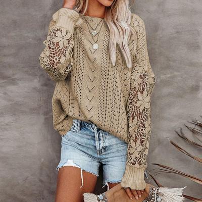 Женский весенний свитер с круглым вырезом и ажурной вязкой, однотонная кружевная рубашка