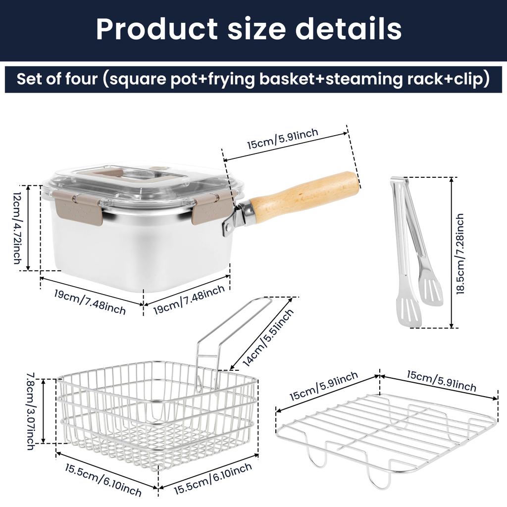 Многофункциональная кастрюля для фритюра, сковорода из нержавеющей стали с корзиной и ручкой, портативные квадратные фритюрницы для кухни