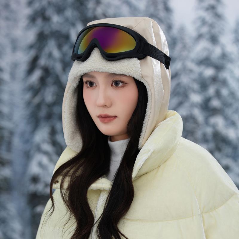 Outdoor Mountaineering and Skiing PU Leather Pilot Hat Removable Goggles Set Winter New Windproof and Warm Hat