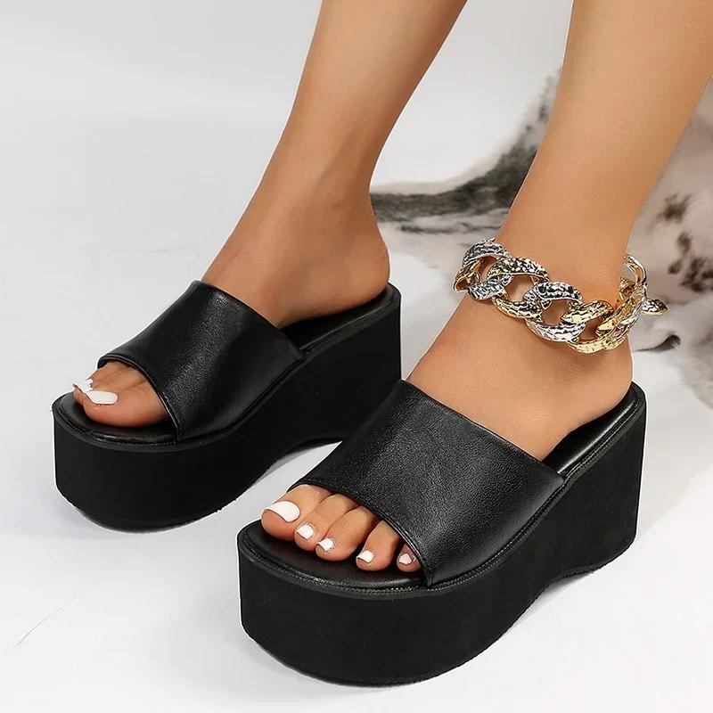 Fashion Rimocy Chunky Platform Sandals Women Fashion Black PU Leather Wedge Slippers for Woman 2025 Summer Thick Bottom Slides Plus Size