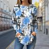 Women Autumn Tops Blue Flowers Print Causal Long Sleeve T-shirt Top Blouse
