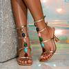 New Style Colour Gem Strap Designer Sandals Women Square Toe Gladiator High Heels Summer Party Dress Shoes Zapatos Mujer
