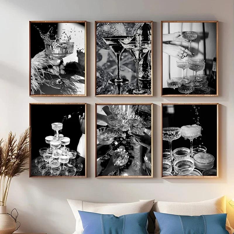Modern Black and White Vintage Vocktail Champagne Glass Print Poster Canvas Bar Restaurant Room Wall Decoration