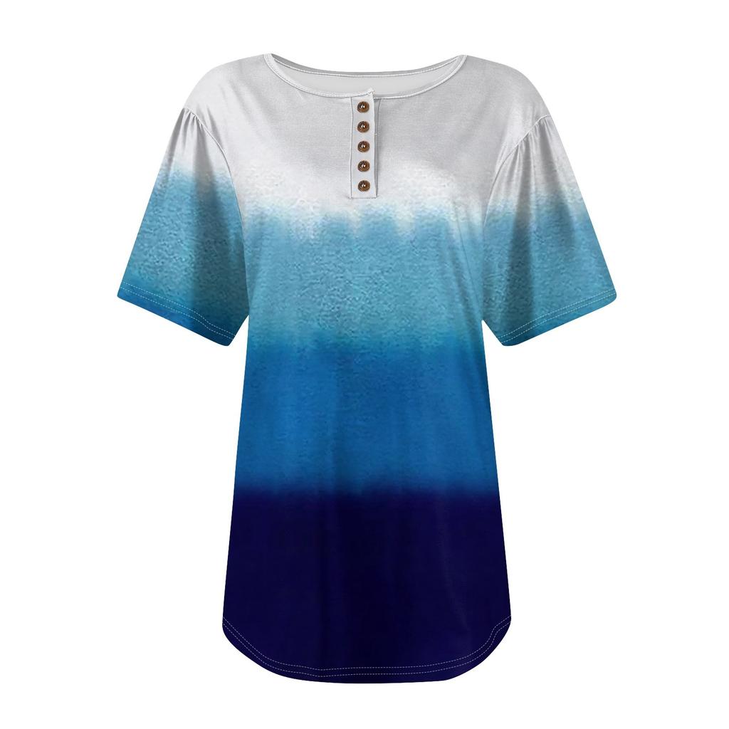 Женский модный повседневный короткий рукав пуловер с принтом на пуговицах и круглым вырезом