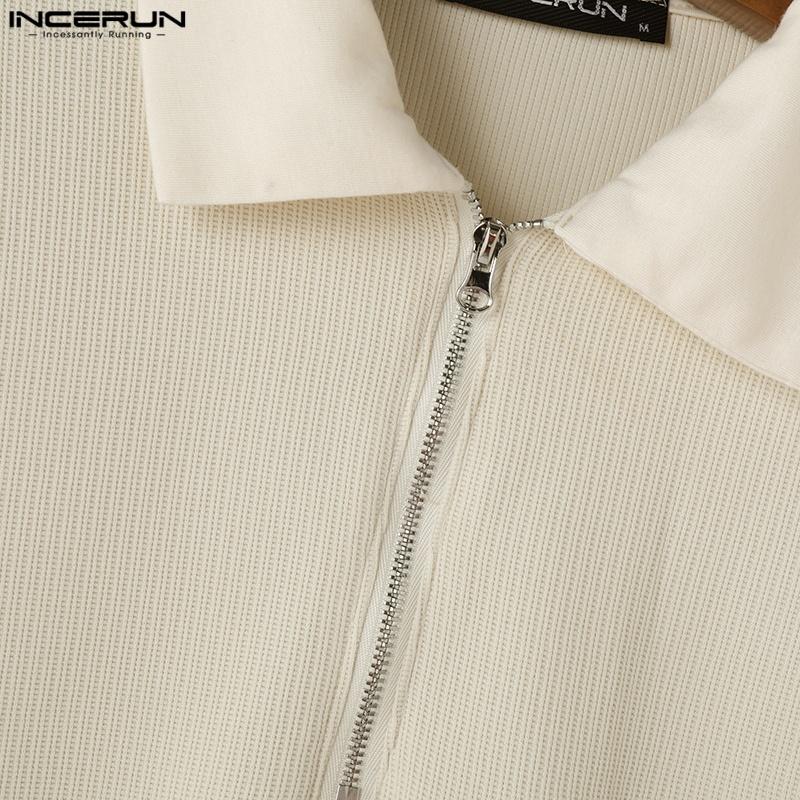 INCERUN Летние мужские повседневные футболки с застежкой-молнией и лацканами, коротким рукавом и текстурой, топы