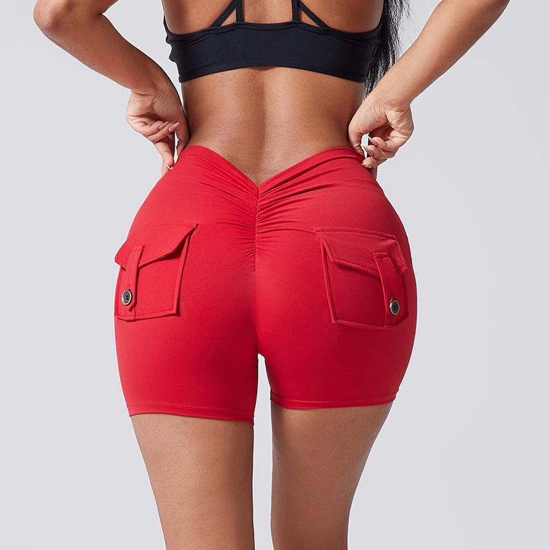 Шорты для йоги женские с карманами и присборенной попоной, леггинсы для спортзала с высокой талией и эффектом пуш-ап, спортивные шорты для фитнеса