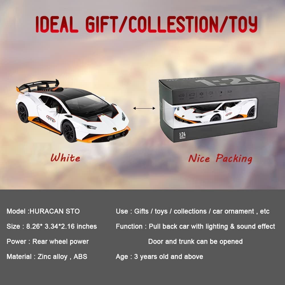 1:24-масштабная литая под давлением модель автомобиля из сплава для Lambo Huracan STO 2021, модель автомобиля с откатным механизмом, игрушечные автомобили со светом и звуком для коллекции для детей и взрослых