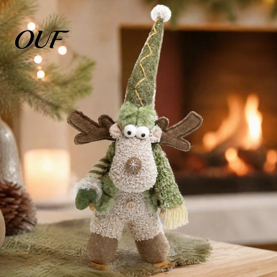 Unique Winter Wonderland Decorations Green Christmas Plush Figurines, Skiing Snowman Reindeer Stuffed Doll, Fabric Elk Dolls for Home Decor