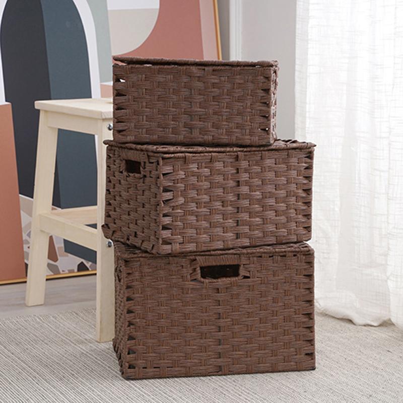 Household Storage Basket Imitation Rattan Woven Storage Box with Lid Clothes Sundries Rattan Basket Home Desktop Organizer Box