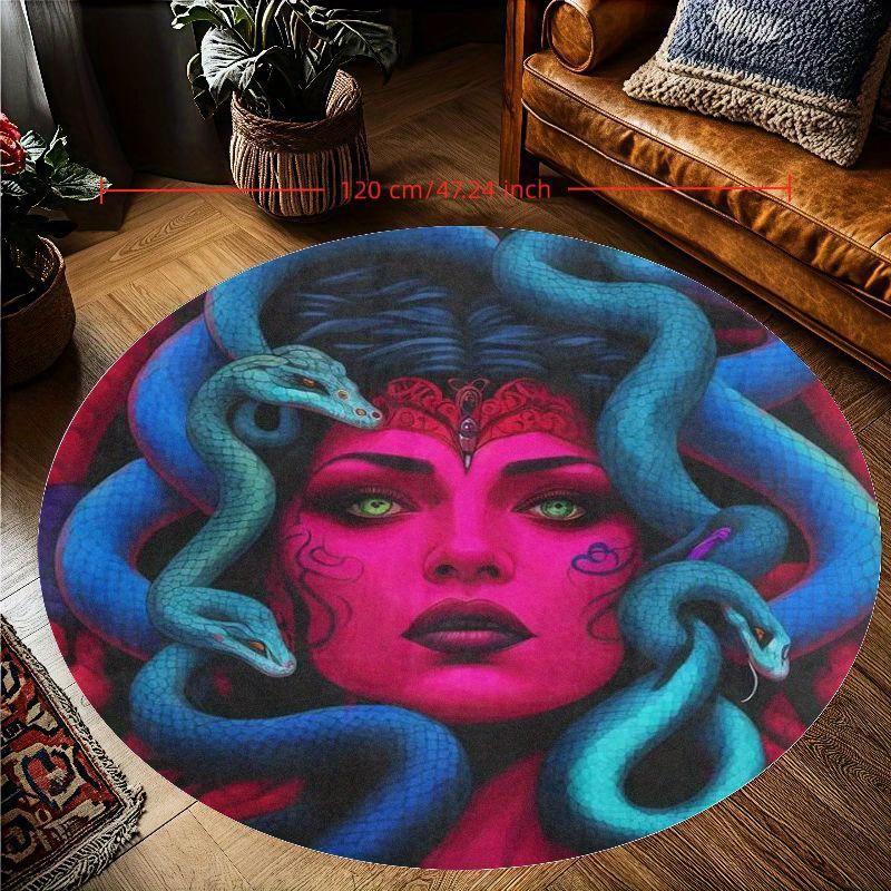 Dramatic Round Area Rug Goddess Portrait Snake Bohemian Style Floor Mat Vibrant Art Room Decoration for Boho Decor