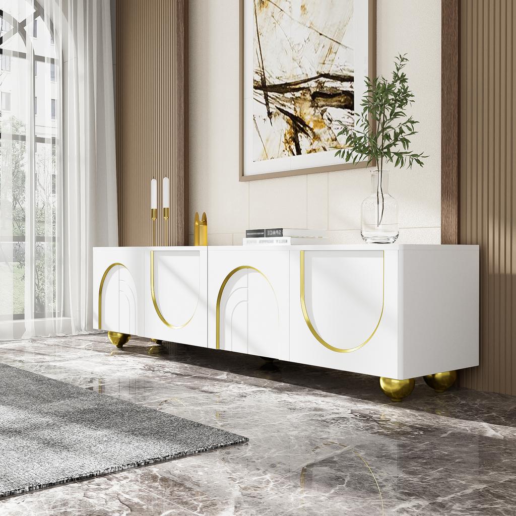 TV Cabinet, Lowboard with Structured Doors, TV Furniture with Drawers, Open Compartments, Golden Handles and Golden Feet.[OLD SKU: WF530901902WAA]