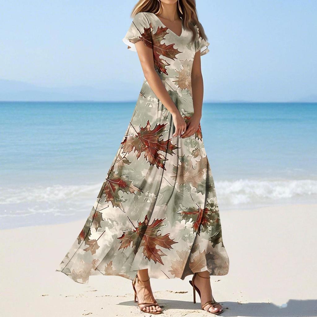 Женские повседневные модные длинные платья с принтом, платья с V-образным вырезом и коротким рукавом