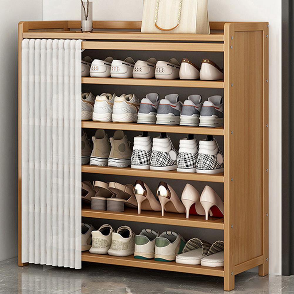 6-Tier Simple Shoes Cabinet with White Gauze Curtain Wooden Shoes Racks Organizer Dustproof Racks Multilayer Shoe Shelves