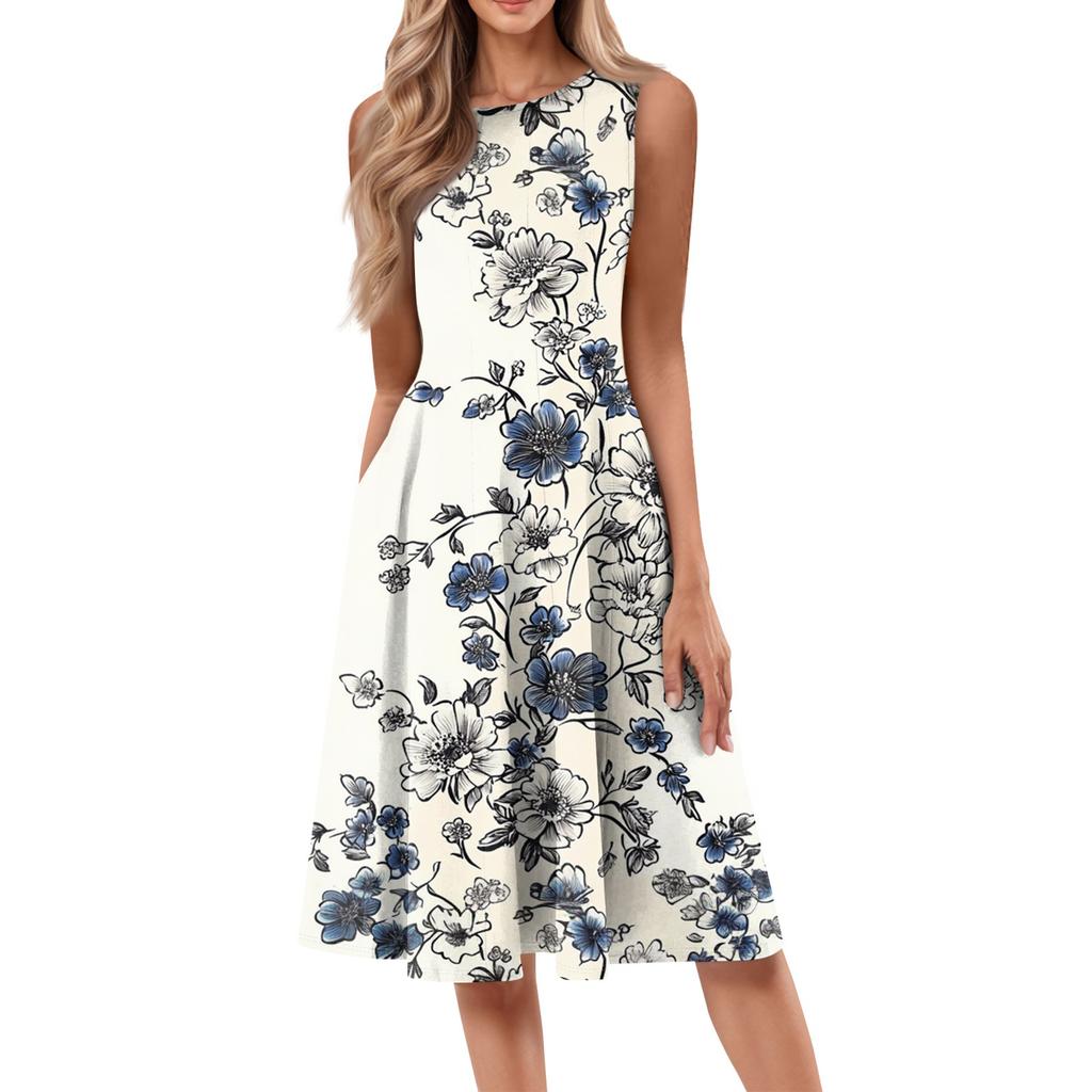 Женское повседневное модное платье миди с цветочным принтом и круглым вырезом без рукавов
