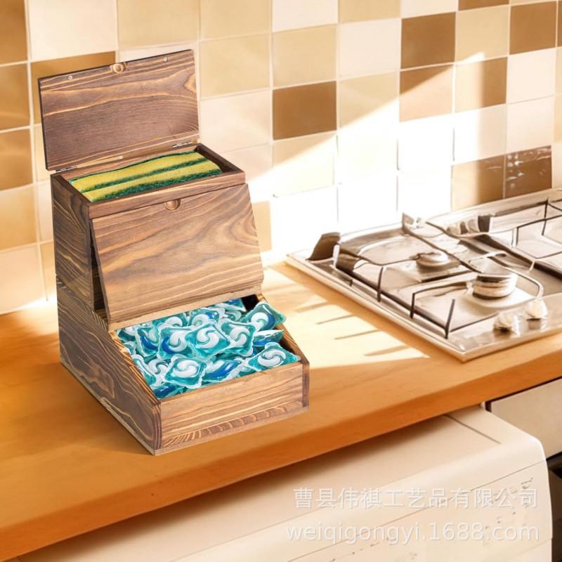 Wooden Flip-Top Desktop Storage Box Laundry Pods Detergent Powder Organizer Modern Minimalist Home