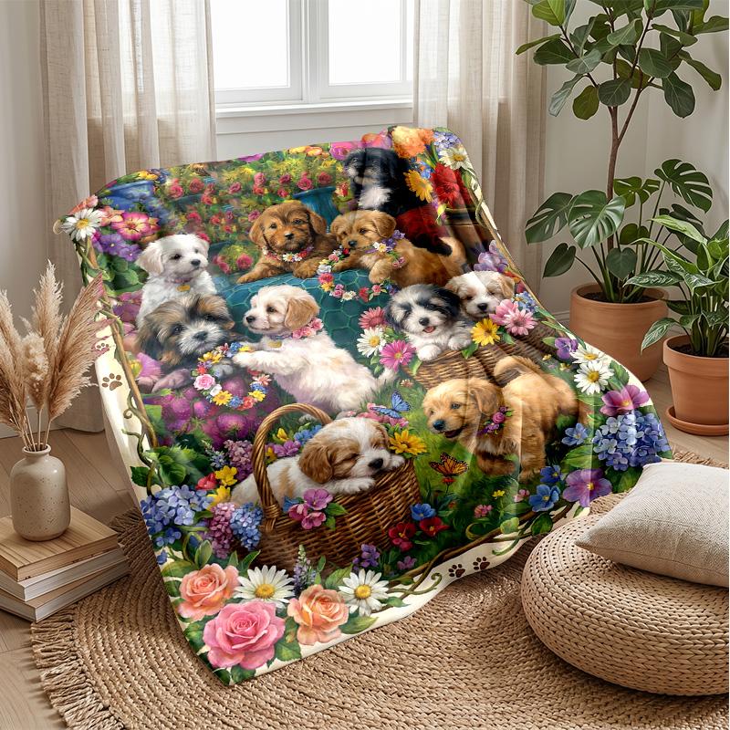 Puppies and Butterflies Garden Theme blanket Lightweight Warm Flannel Blanket Decorative Throw Blanket for Home Decoration