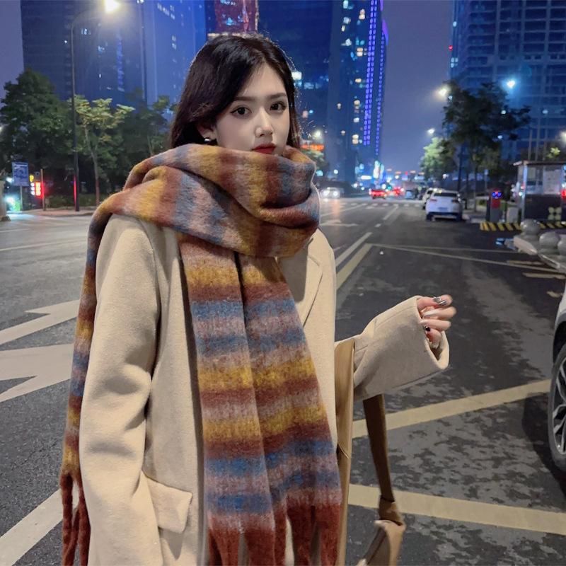 Mohair stripes contrasting colors thick braids Korean version scarf men and women couple shawl thickened oversized warm winter scarf