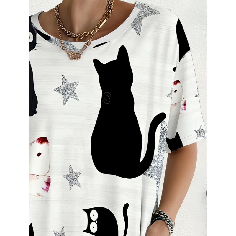 Women's Large Size Loose T-Shirt with Pockets - Full Body Black Cat and Star Print Round Neck Casual Summer Top