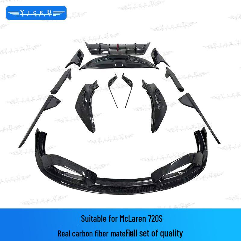 Fits McLaren 720S: BS Style Carbon Fiber Front Lip, Rear Lip, Side Skirts, Front Door Trim.