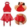 Pole Dance Party Club Women Two Piece Lingerie Set Rave Festival Dance Costume Latex Nightclub Outfit Crop Top with Miniskirt