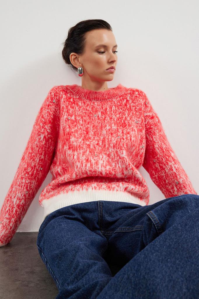 Женский свитер в элегантном стиле, красный вязаный свитер с мягкой текстурой и рисунком