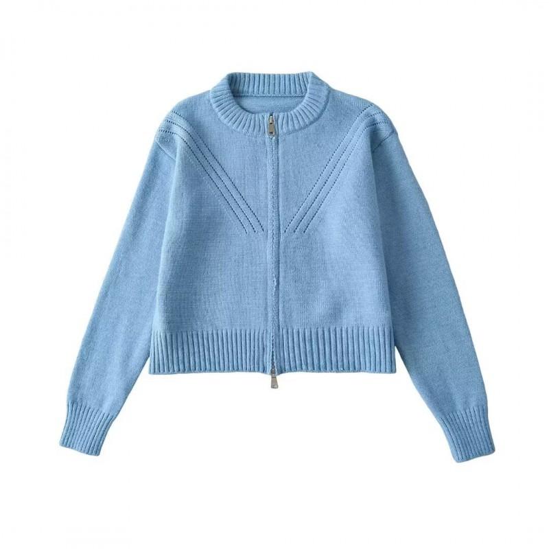 Womens Short Cropped Knit Cardigan With Zipper Round Neck Casual Streetwear Sweater