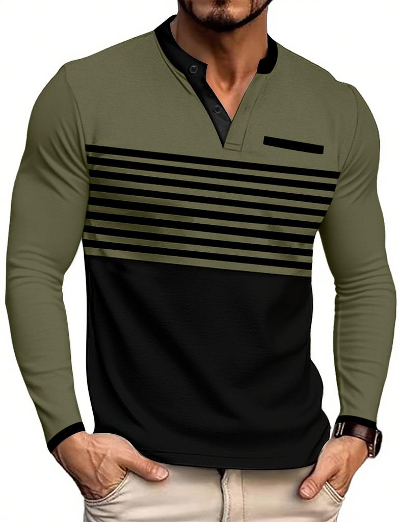 European and American summer new men's long-sleeved V-neck contrasting color striped slim-fit business casual t-shirt