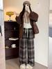 145 Women's Brown Vintage Plaid Wide-Leg Pants, High Waist, Fleece-Lined, Petite Size, Casual Autumn/Winter Style.