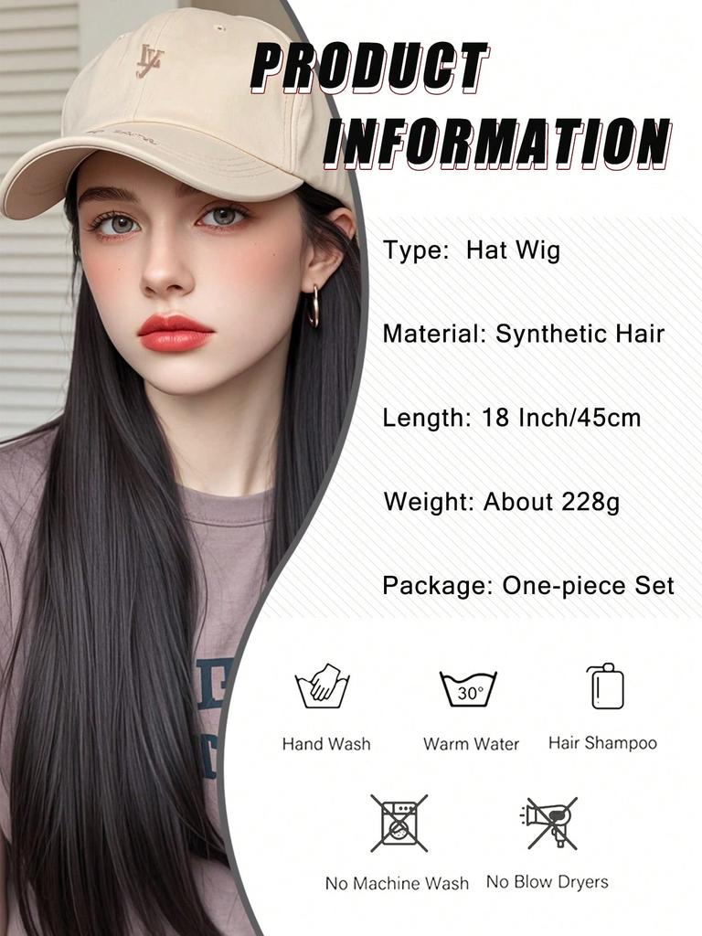Synthetic Hat Wig 'LY' Embroidered Beige Duck Caps With Long Straight Hair Extensions For Women Hat And Wig In One Piece For Daily Use In Winter