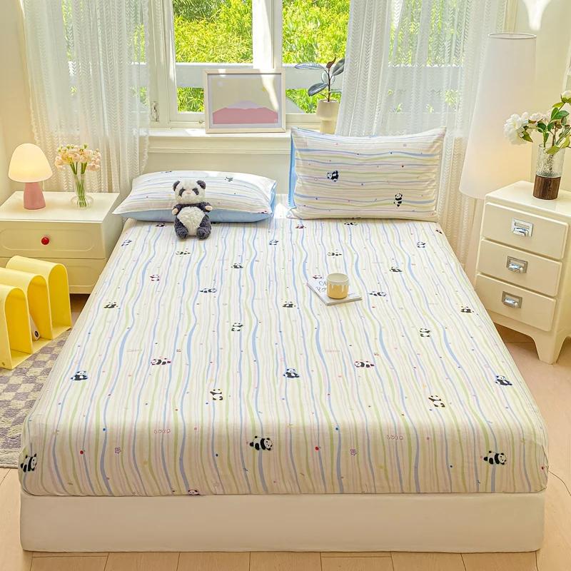 Pure Cotton Printed Fitted Sheet Soft Comfortable Mattress Cover With Elastic Band For Single Double Queen Size Bed