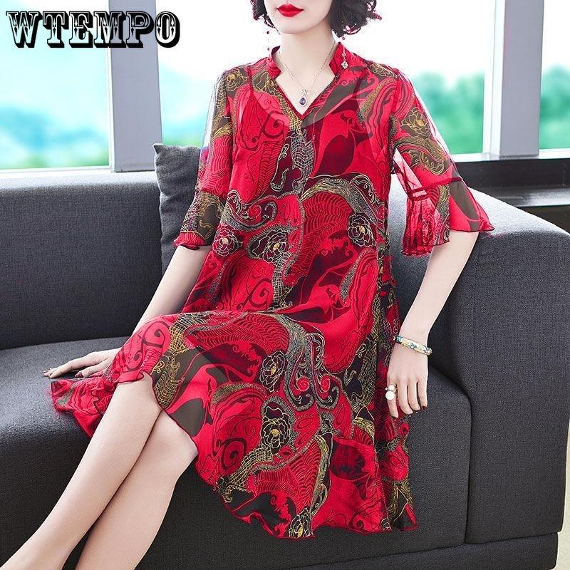 Женское летнее шифоновое платье в стиле ретро, ​​свободные шелковые платья средней длины с принтом