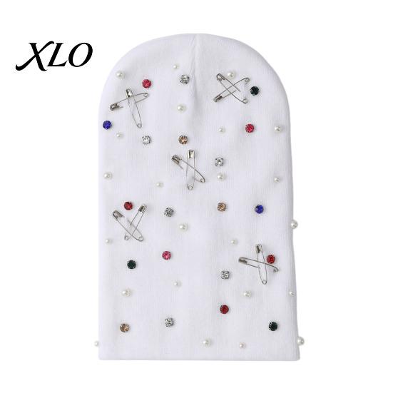 Soft Yarn Warm Cap Colorful Rhinestone Knitted Hat, Faux Pearl Safety Pin Punk Knit Stylish Music Festival Hat Bling Winter Hip Hop for Women
