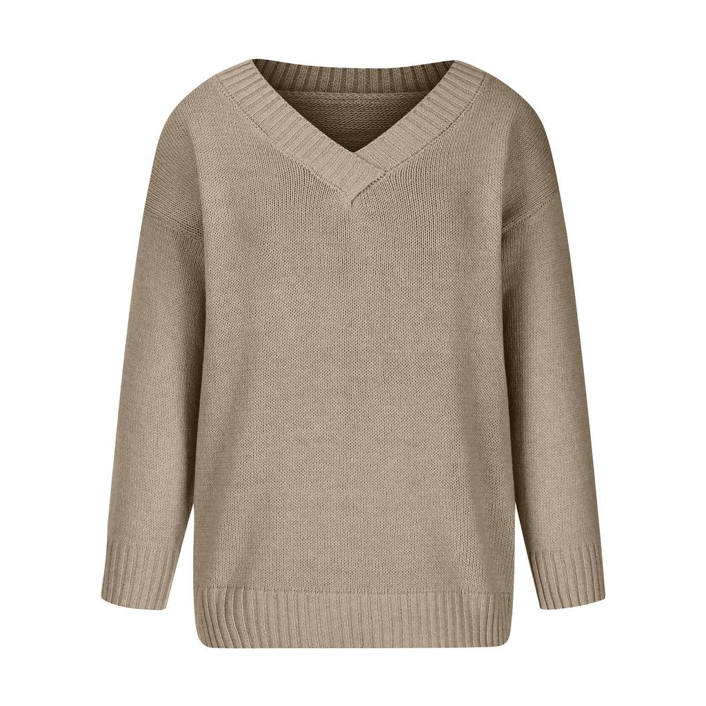 Women's Fashion Casual Solid Color Sweater Set Head V Neck Warm Long-sleeved Sweater