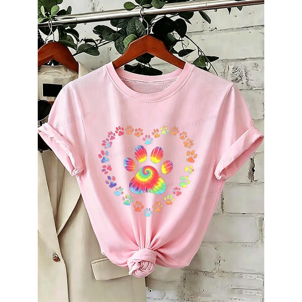 Dog Paw Print Heart Animal Lover T-Shirts Colorful Dog Paw Colorful Dog Paw Shirts Heart Anime Women's T-Shirts Short Sleeve