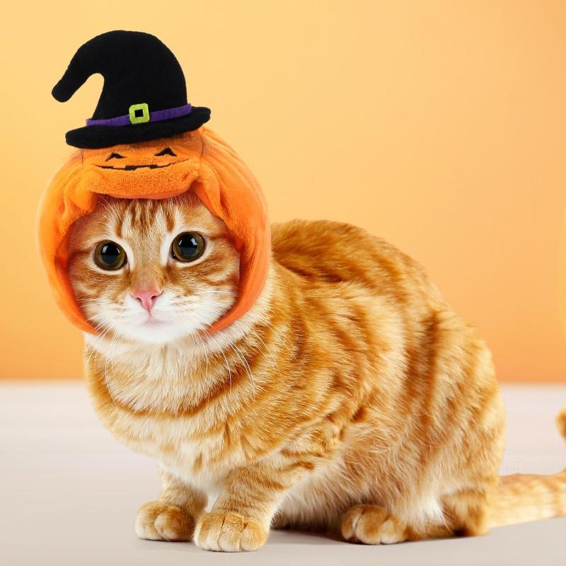 Halloween Cat Cap Pumpkin Plush Head Cover Cute Cat Woven Warm Headdress Pet Hat Kitten Cosplay Costume Accessories
