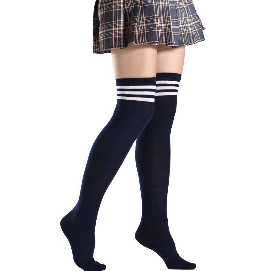 Autumn Winter Solid Color Stripes Print 20 Colors Over Knee Thigh Socks Women Girls