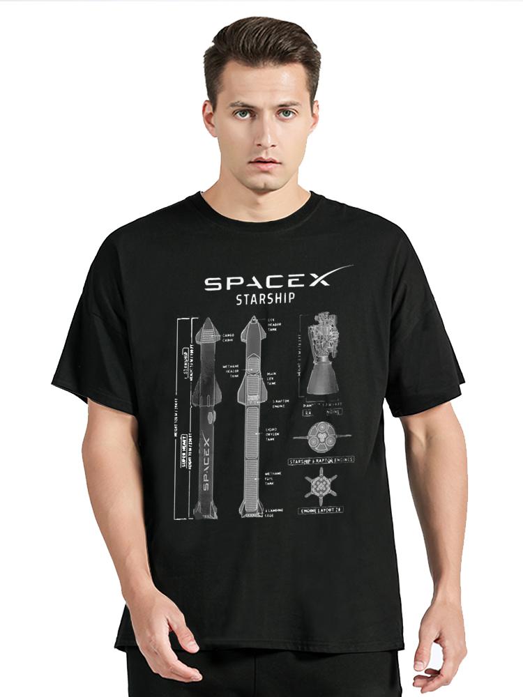 Unisex SpaceX Starship Blueprint Printing T-Shirt Oversized Tshirt Unisex Tops Cotton Fitness Tees Unisex's Clothing Graphic