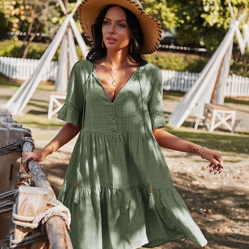 QICED Женская мода лето весна сплошной цвет печати короткий рукав V-образным вырезом повседневные платья