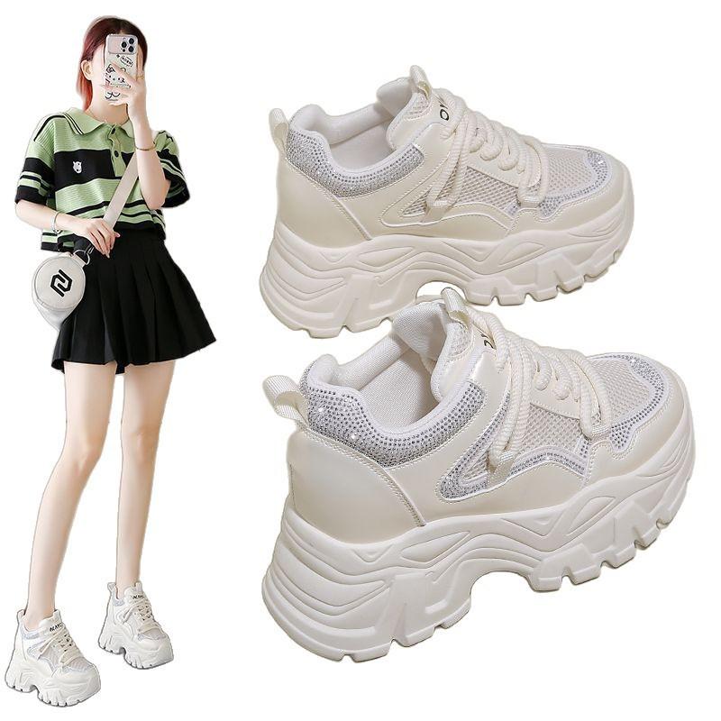 Женские повседневные сетчатые кроссовки на внутренней платформе, женская обувь 2025, дышащие, на толстой подошве, новые осенние, с яркими бриллиантами