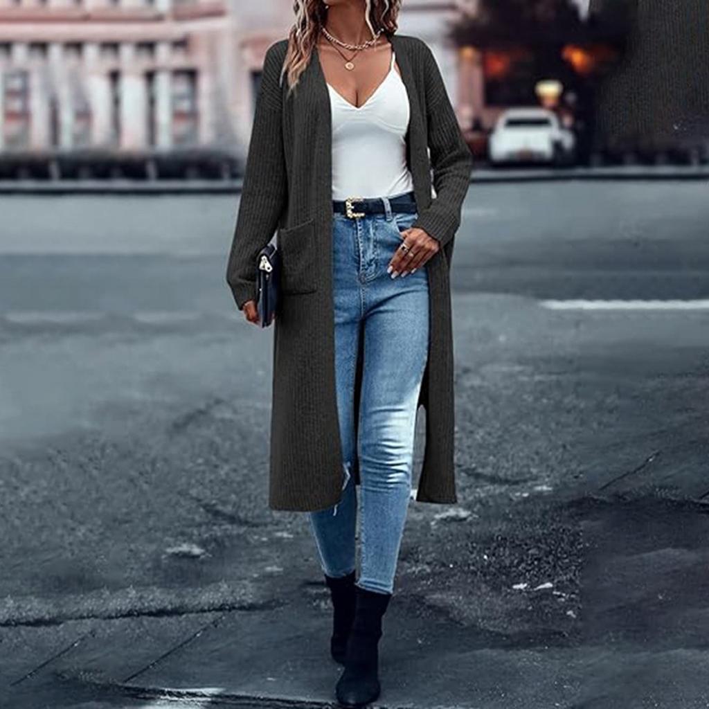 Вязаный кардиган с карманами, длинный однотонный женский свободный свитер