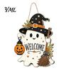Hanging Door Sign Halloween Wooden Ghost Welcome for Front Door, Rustic Cartoon Hanger Plaque with Pumpkin Wizard Hat And Broom Holiday Party