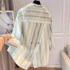 Spring and Autumn Cotton Hemp Contrast Stripe Irregular Split Long Sleeve Loose Shirt for Women