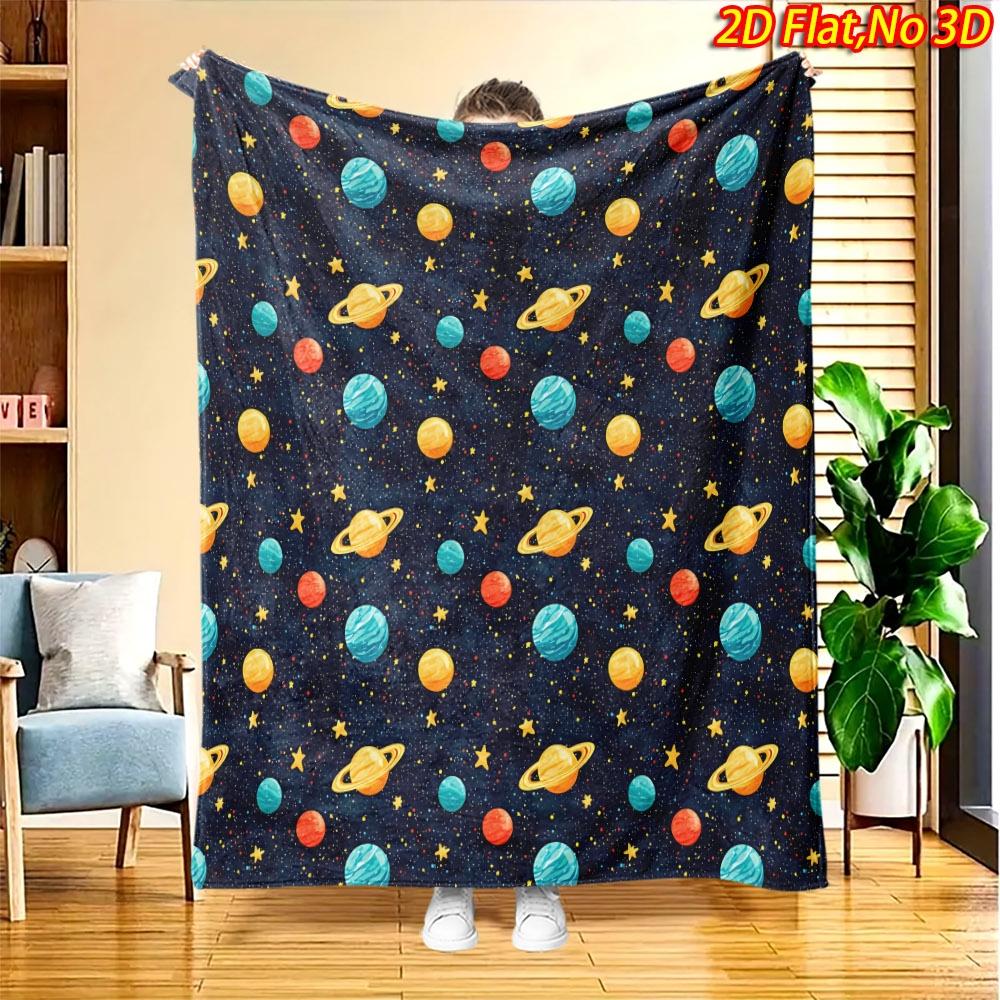 1pc 2D Flat Printing Spring And Summer New Arrival Space Planet Theme Digital Print Blanket, All-Season Use, Casual Throw, 100% Polyester Fiber Soft A