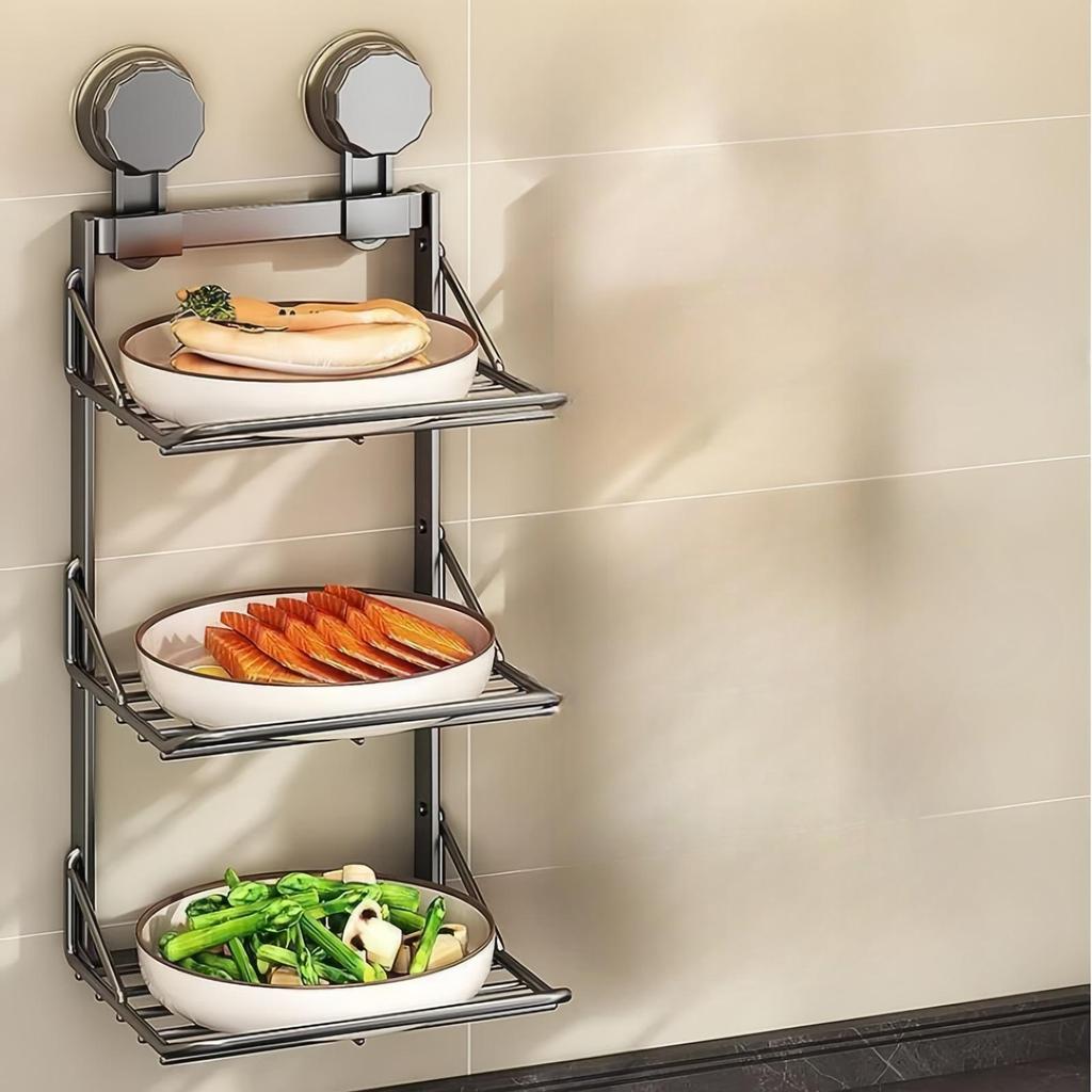 Kitchen Suction Cup Folding Storage Rack Household Multi-Layer Pot Rack Wall Mounted Storage Rack Carbon Steel Material