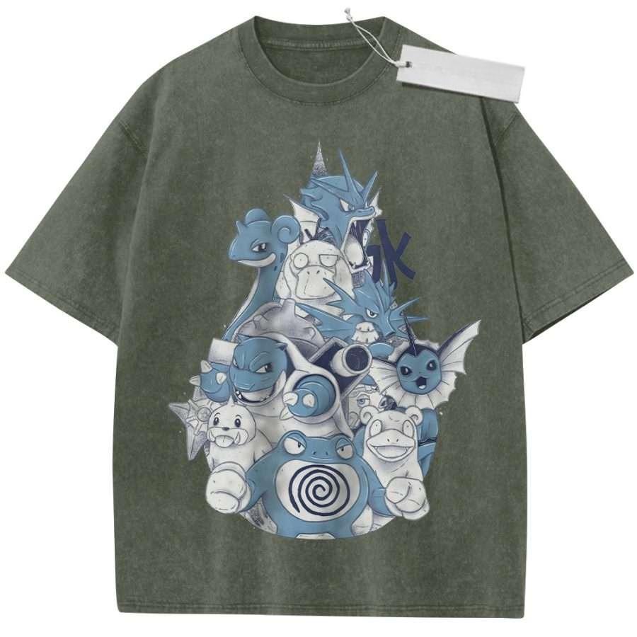 T Shirt Sports T Shirt Short Sleeve T Shirt Multi Color Unisex Pure Cotton Washed Vintage Pokemon Characters Blue Print Design