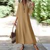Женская мода V-образный вырез рукав семь карман однотонный молния повседневный отпуск длинные хлопково-льняные платья