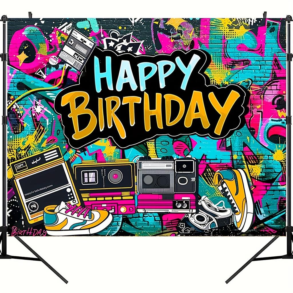 Retro Backdrop Banner - Vibrant Graffiti Design, Urban Retro Style, 80s 90s Theme, Birthday Party Cake Table Decoration