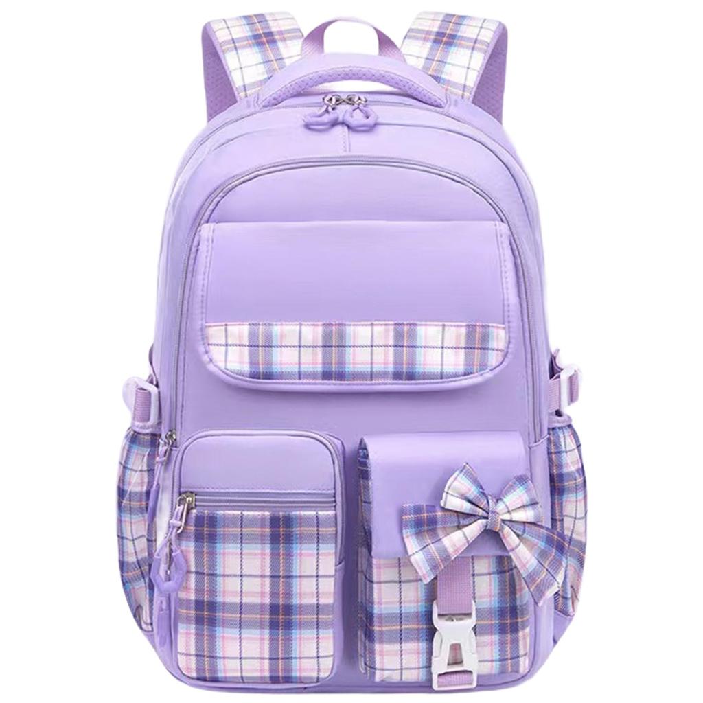 Mygreen Checkered Backpack with Pockets and Cute Perfect for Elementary School School and Travel Multi-Purpose Ribbon, Students, Trips, (Purple)