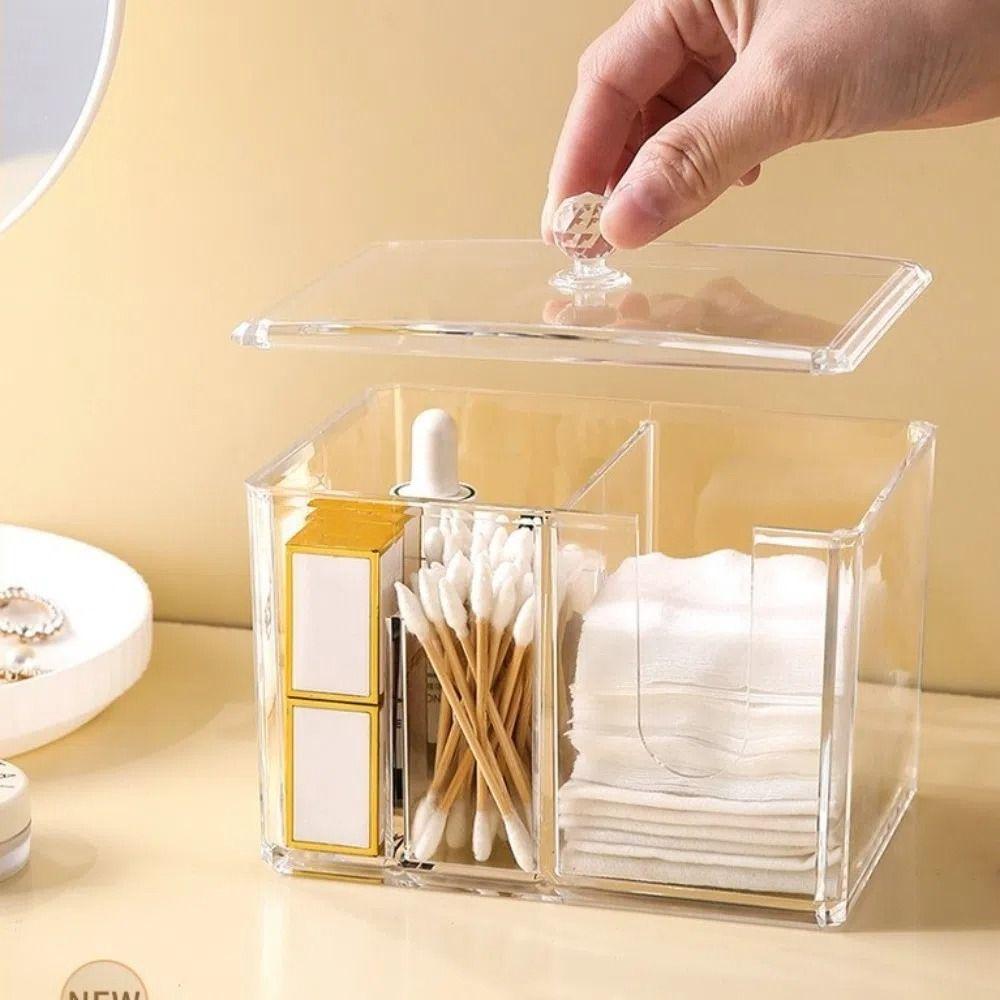 Clear Makeup Divided Box Acrylic Cosmetic Stand Tampon Organizer Dispenser  Bathroom
